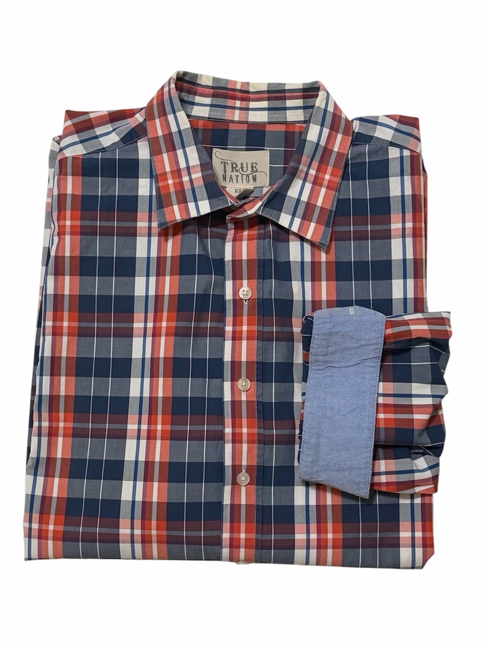 True Nation by DXL Navy Red White Plaid Rolled-Sleeve Shirt Chambray Cuff 2XL